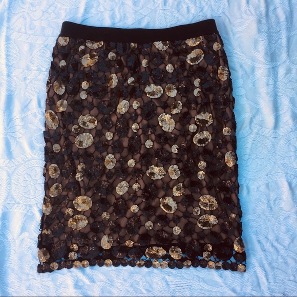 BCBGMaxAzria Sequin Round Black Gold Pencil Skirt - Picture 2 of 8